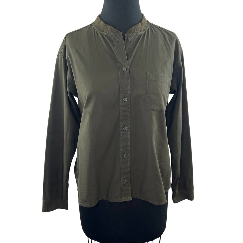 MUJI Dark Green 100% Cotton Button-Down Stand Collar Long Sleeve Shirt Top S